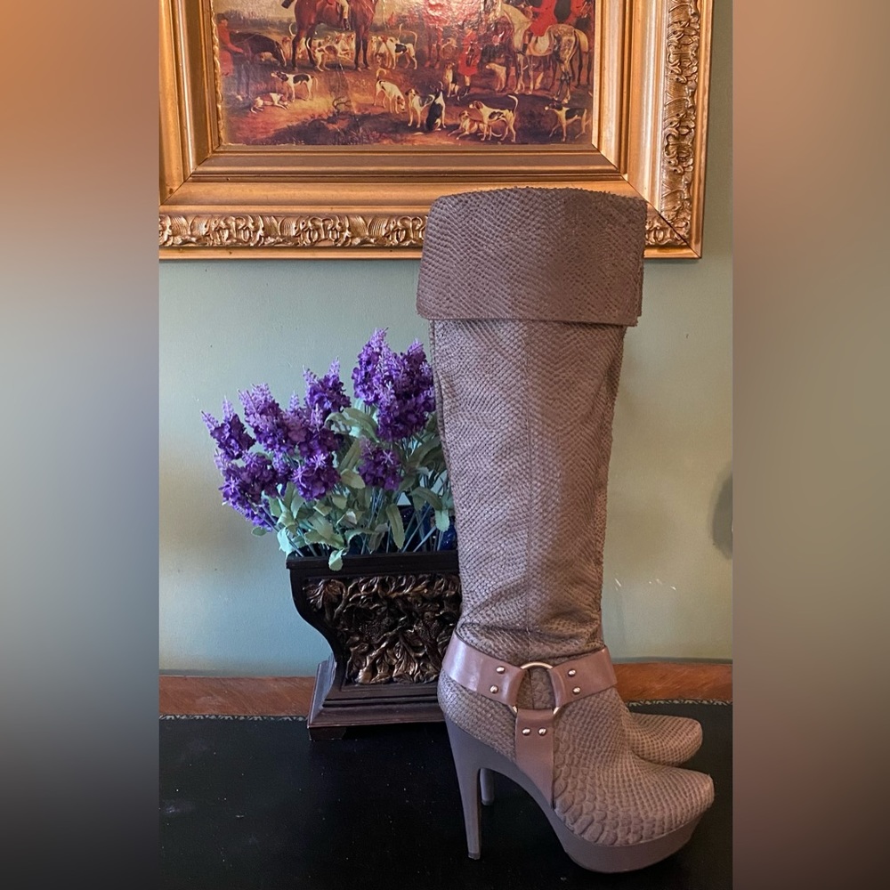 Jessica Simpson over knee gray snake king boots